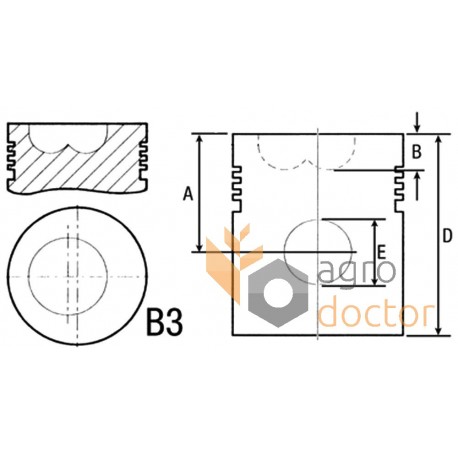 AR87736 Piston with wrist pin for John Deere engine, 3 rings