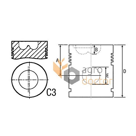 T23481 Tłok z sworzniem pasuje do John Deere siłnik, 3 pierścienie